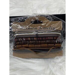 Fashion Jewelry Multilayered Cuff Bracelet Leather Stack Brown Beads Rope Mix